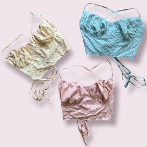 Set of 3 Cottagecore Runched Bust Crisscross Tie Back Ditsy Floral Crop Corset